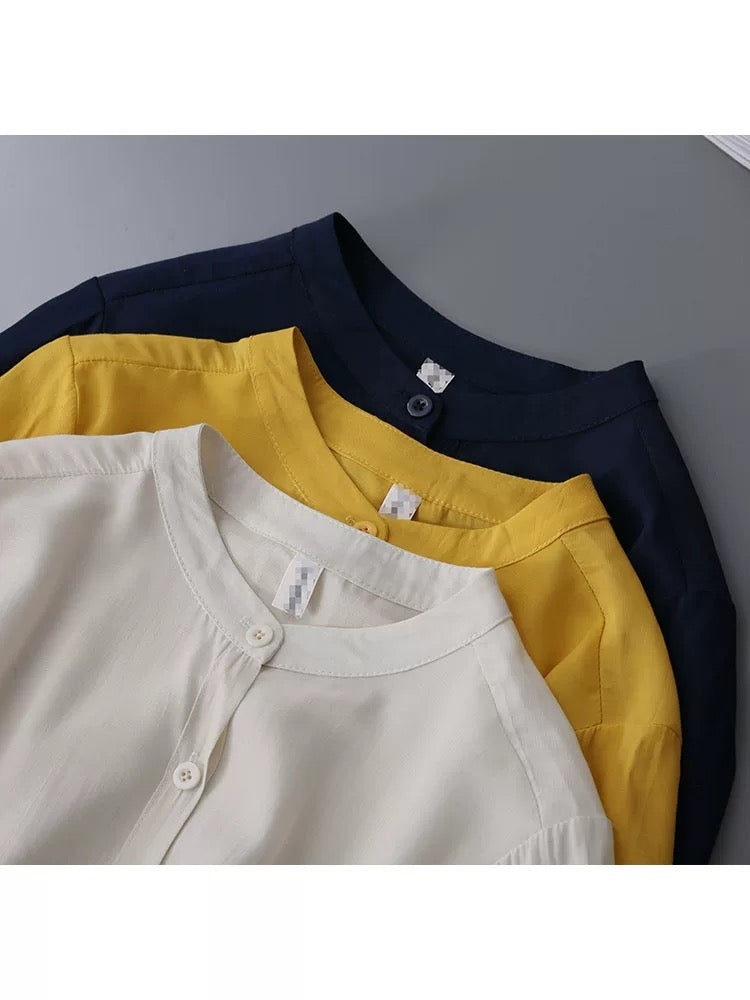 2025 Spring and Summer Women's Temperament Lantern Sleeve Small Stand-up Collar Apricot Drape Shirt Women's Loose Three-quarter Sleeve Chic Top