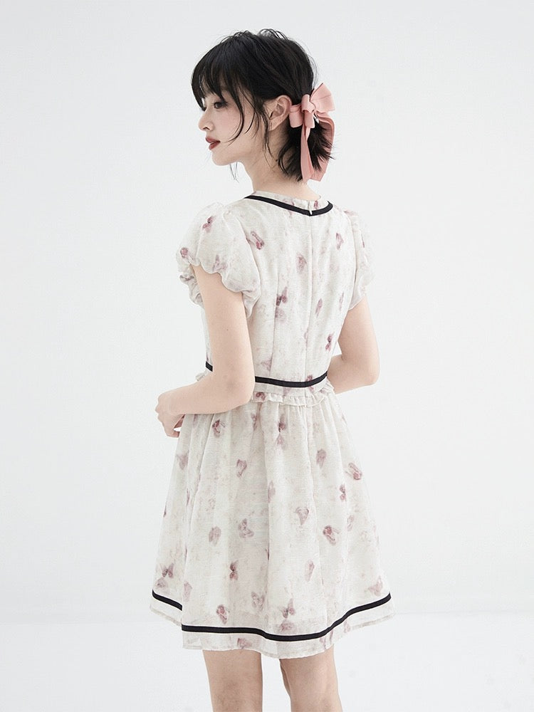 Shallot's well-tailored pink smudged puff sleeve dress for women, summer mid-length waist-cinching bow-knot stitched A-line skirt