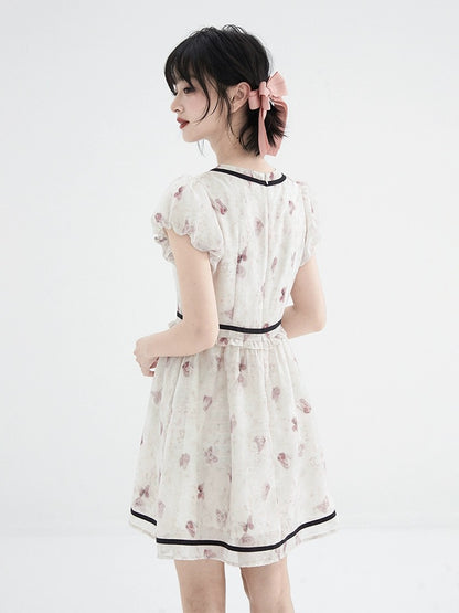 Shallot's well-tailored pink smudged puff sleeve dress for women, summer mid-length waist-cinching bow-knot stitched A-line skirt