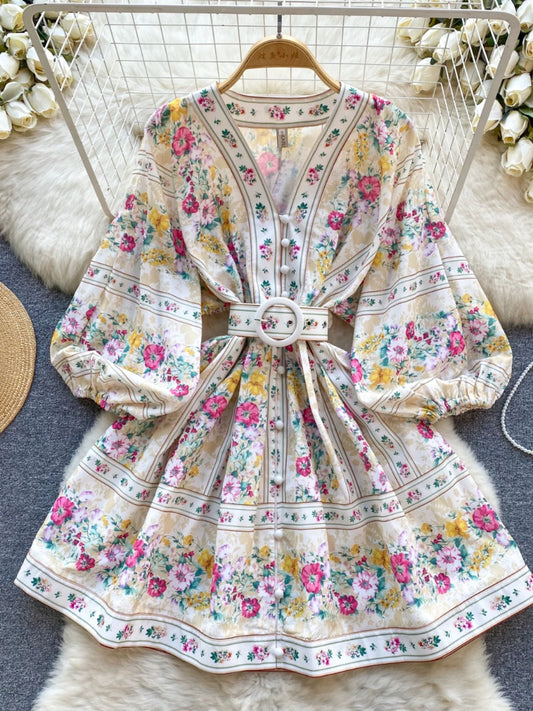French retro printed small dress, banquet dress, age-reducing puff sleeves, loose slimming short style dress for women