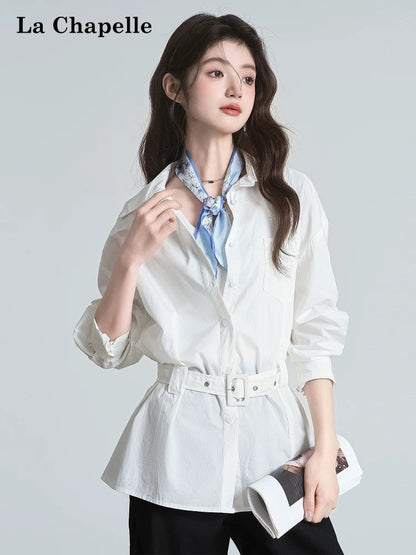 La Chapelle designer long-sleeved shirt women's 2025 spring new casual slim fit with belt shirt top trend