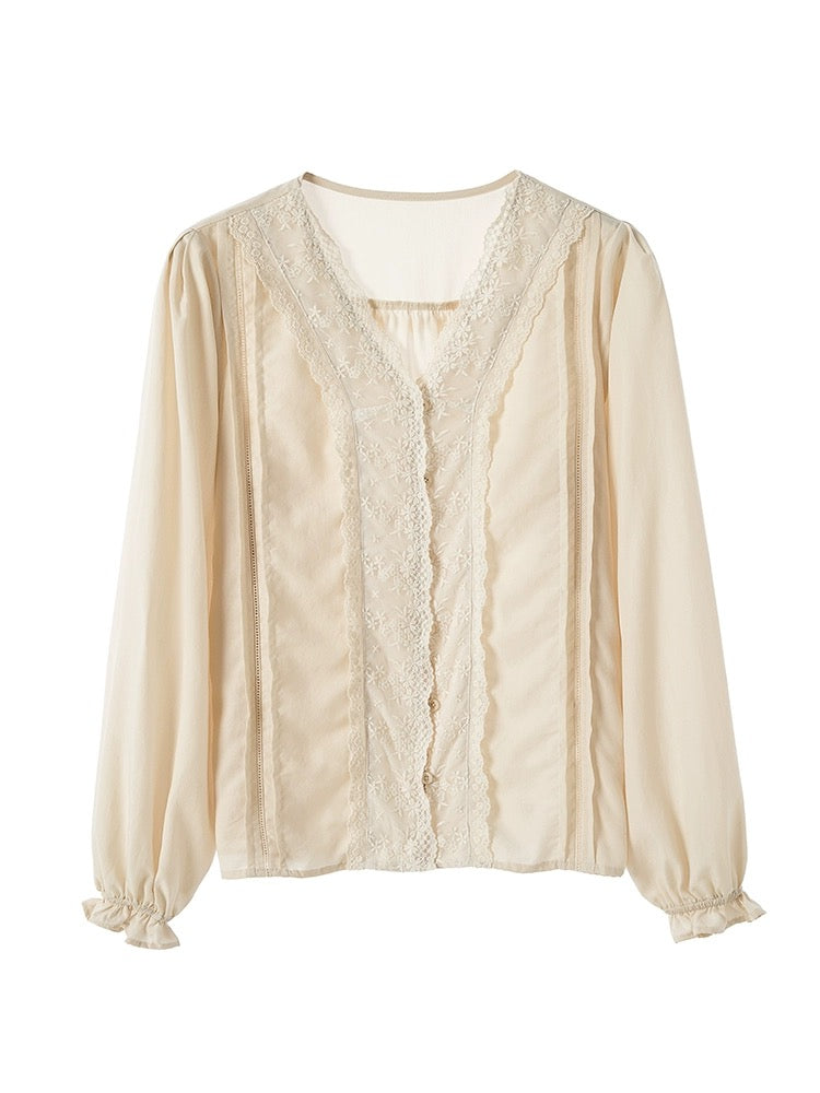 EKOOL Garment Store Lace Tencel Shirt Women's Spring New Casual V-neck Design Top