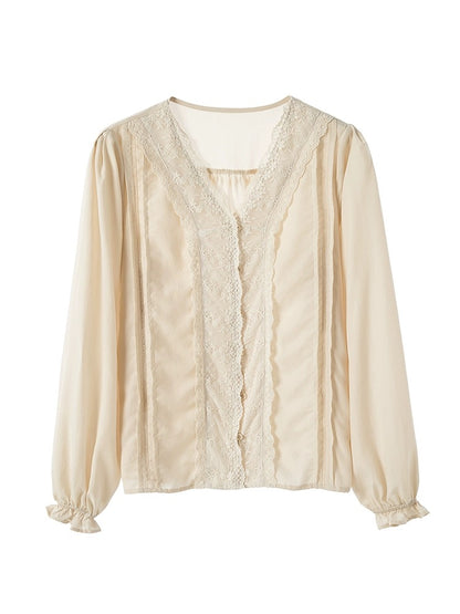 EKOOL Garment Store Lace Tencel Shirt Women's Spring New Casual V-neck Design Top