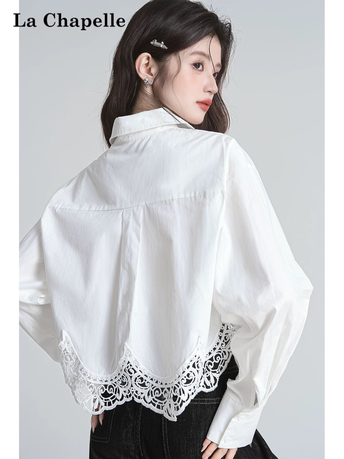 La Chapelle hollow lace patchwork shirt short top women's early autumn design long-sleeved white shirt