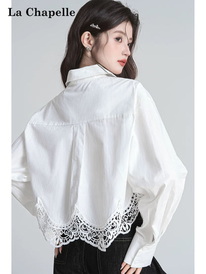 La Chapelle hollow lace patchwork shirt short top women's early autumn design long-sleeved white shirt