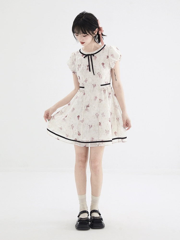 Shallot's well-tailored pink smudged puff sleeve dress for women, summer mid-length waist-cinching bow-knot stitched A-line skirt