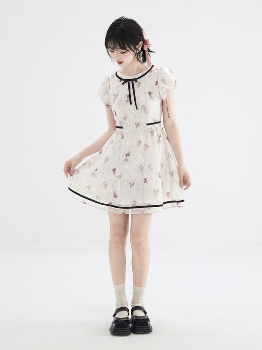 Shallot's well-tailored pink smudged puff sleeve dress for women, summer mid-length waist-cinching bow-knot stitched A-line skirt