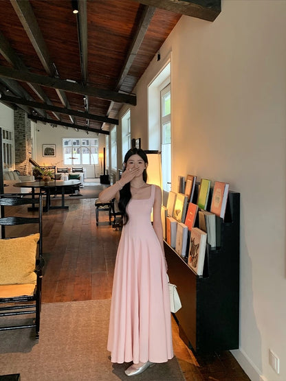 Huang Yili NORA STUDIO pink square neck backless sling waist dress female summer slim long skirt