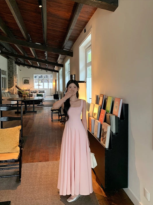 Huang Yili NORA STUDIO pink square neck backless sling waist dress female summer slim long skirt