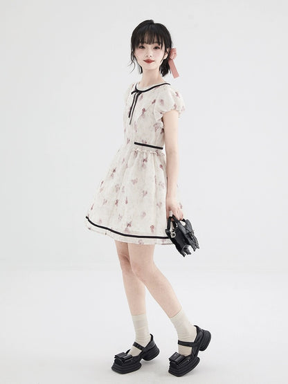 Shallot's well-tailored pink smudged puff sleeve dress for women, summer mid-length waist-cinching bow-knot stitched A-line skirt