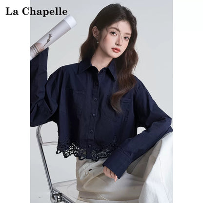 La Chapelle hollow lace patchwork shirt short top women's early autumn design long-sleeved white shirt