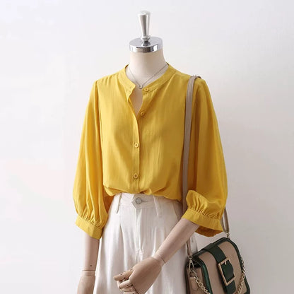 2025 Spring and Summer Women's Temperament Lantern Sleeve Small Stand-up Collar Apricot Drape Shirt Women's Loose Three-quarter Sleeve Chic Top