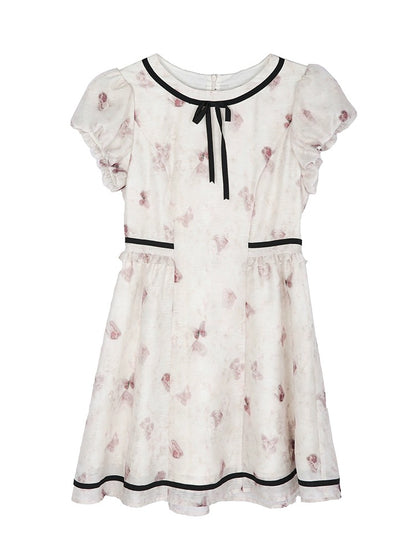 Shallot's well-tailored pink smudged puff sleeve dress for women, summer mid-length waist-cinching bow-knot stitched A-line skirt