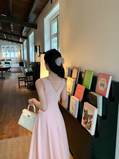 Huang Yili NORA STUDIO pink square neck backless sling waist dress female summer slim long skirt