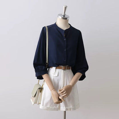 2025 Spring and Summer Women's Temperament Lantern Sleeve Small Stand-up Collar Apricot Drape Shirt Women's Loose Three-quarter Sleeve Chic Top