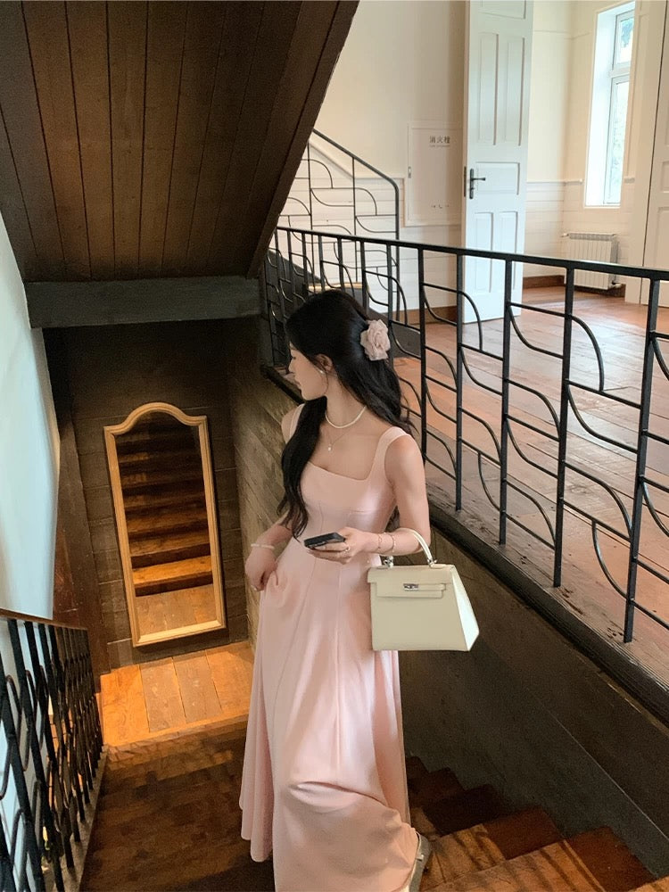 Huang Yili NORA STUDIO pink square neck backless sling waist dress female summer slim long skirt