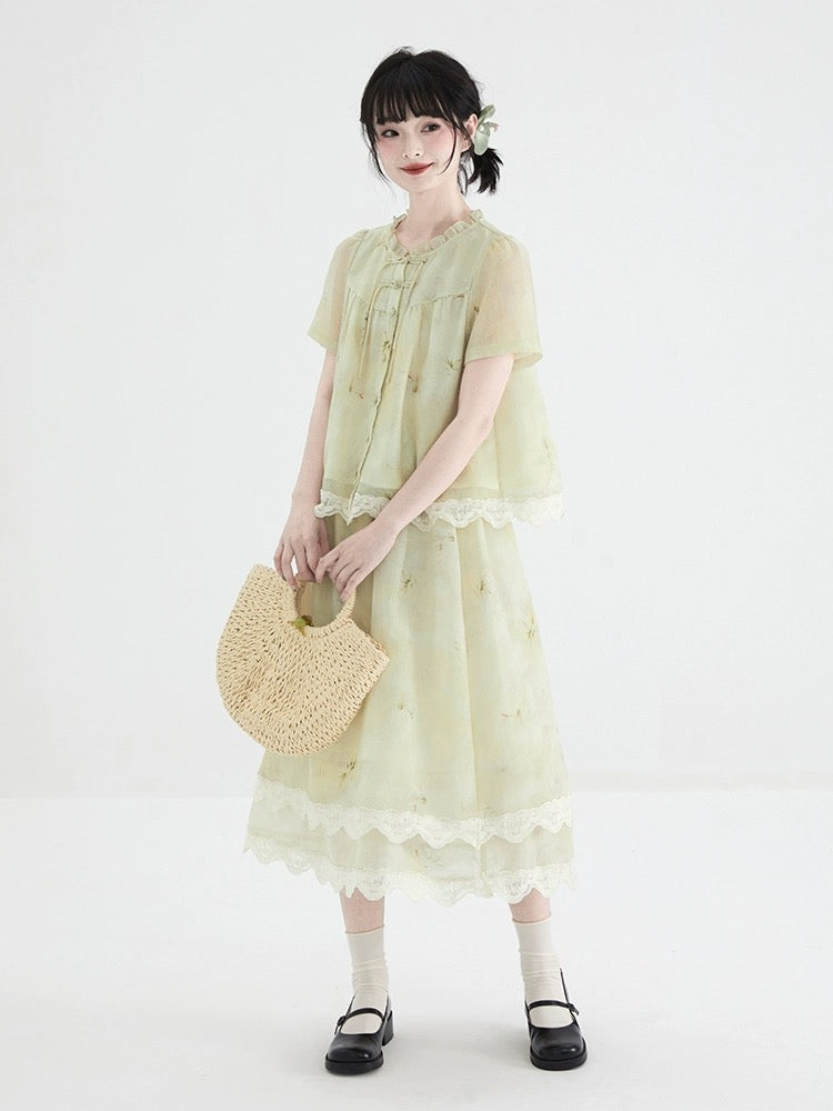 Shallot good cut new Chinese style puff sleeve Tencel shirt women's summer thin loose plate button lace collar shirt small shirt
