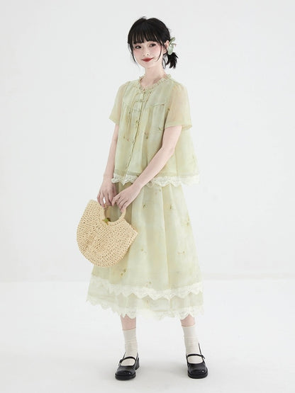 Shallot good cut new Chinese style puff sleeve Tencel shirt women's summer thin loose plate button lace collar shirt small shirt