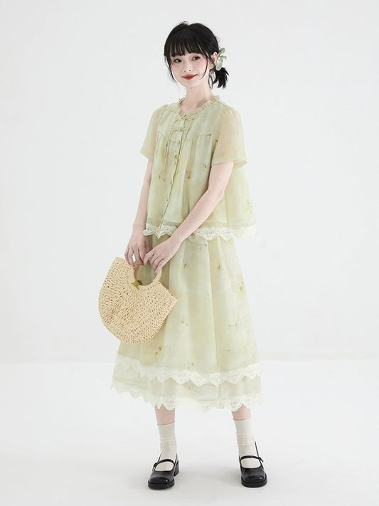 Shallot good cut new Chinese style puff sleeve Tencel shirt women's summer thin loose plate button lace collar shirt small shirt