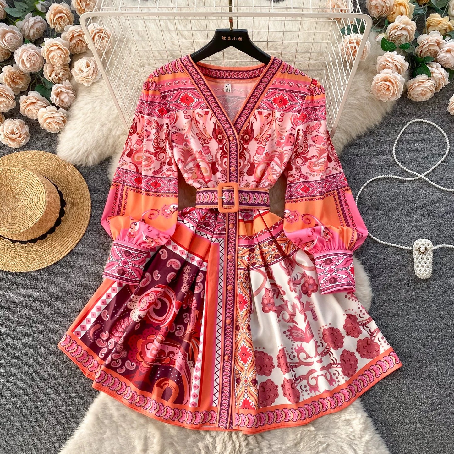 Palace style small dress, socialite, high-end niche dress, retro printed slim short temperament dress, spring dress for women