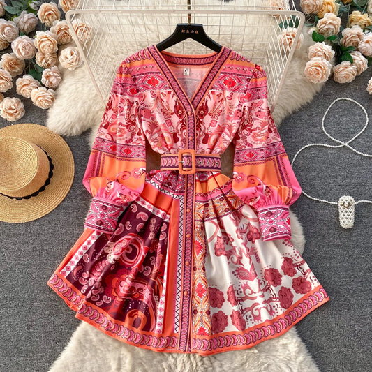 Palace style small dress, socialite, high-end niche dress, retro printed slim short temperament dress, spring dress for women