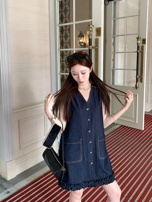 Yang Yang YANGRUOYU [Summer Travel] Imitation denim vest skirt female V-neck high-end thin retro dress