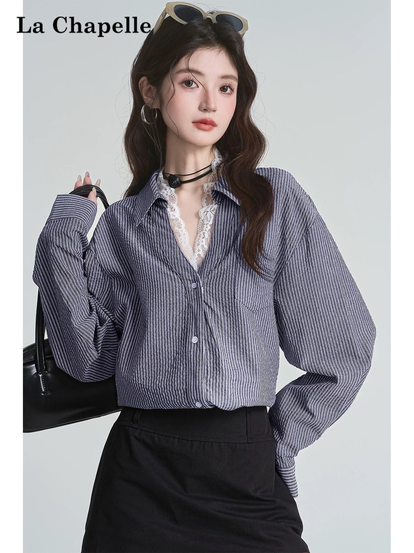 La Chapelle temperament lady lapel lace patchwork shirt 2025 new loose casual chic commuter top