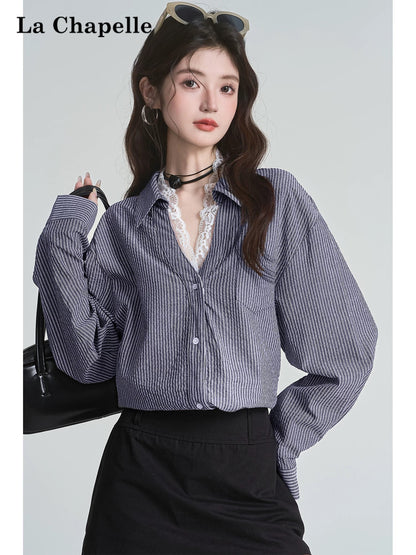 La Chapelle temperament lady lapel lace patchwork shirt 2025 new loose casual chic commuter top