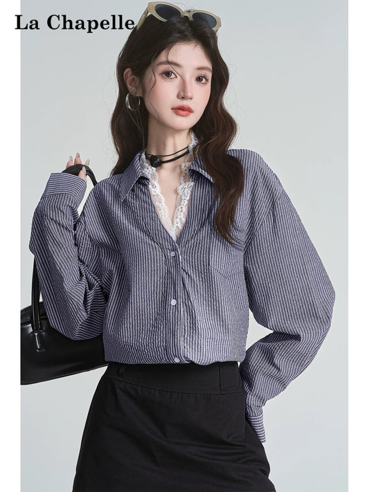 La Chapelle temperament lady lapel lace patchwork shirt 2025 new loose casual chic commuter top