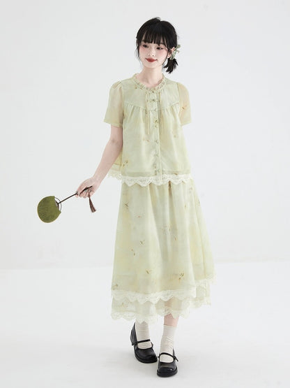 Shallot good cut new Chinese style puff sleeve Tencel shirt women's summer thin loose plate button lace collar shirt small shirt
