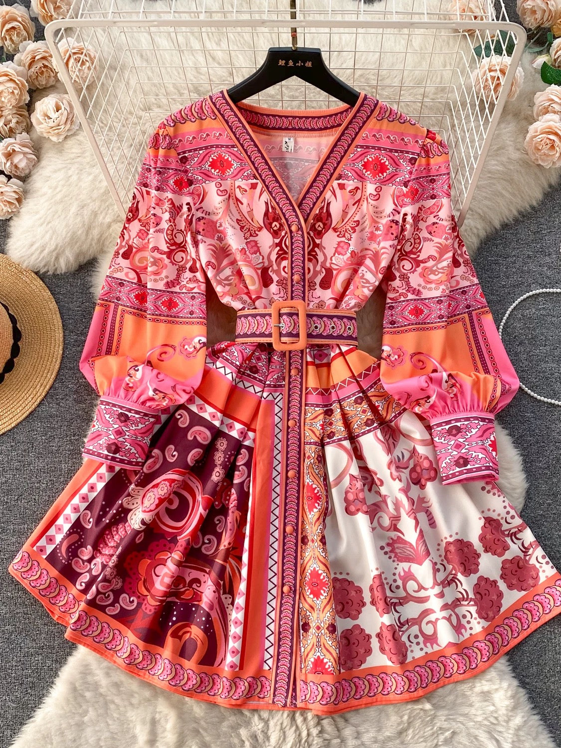 Palace style small dress, socialite, high-end niche dress, retro printed slim short temperament dress, spring dress for women