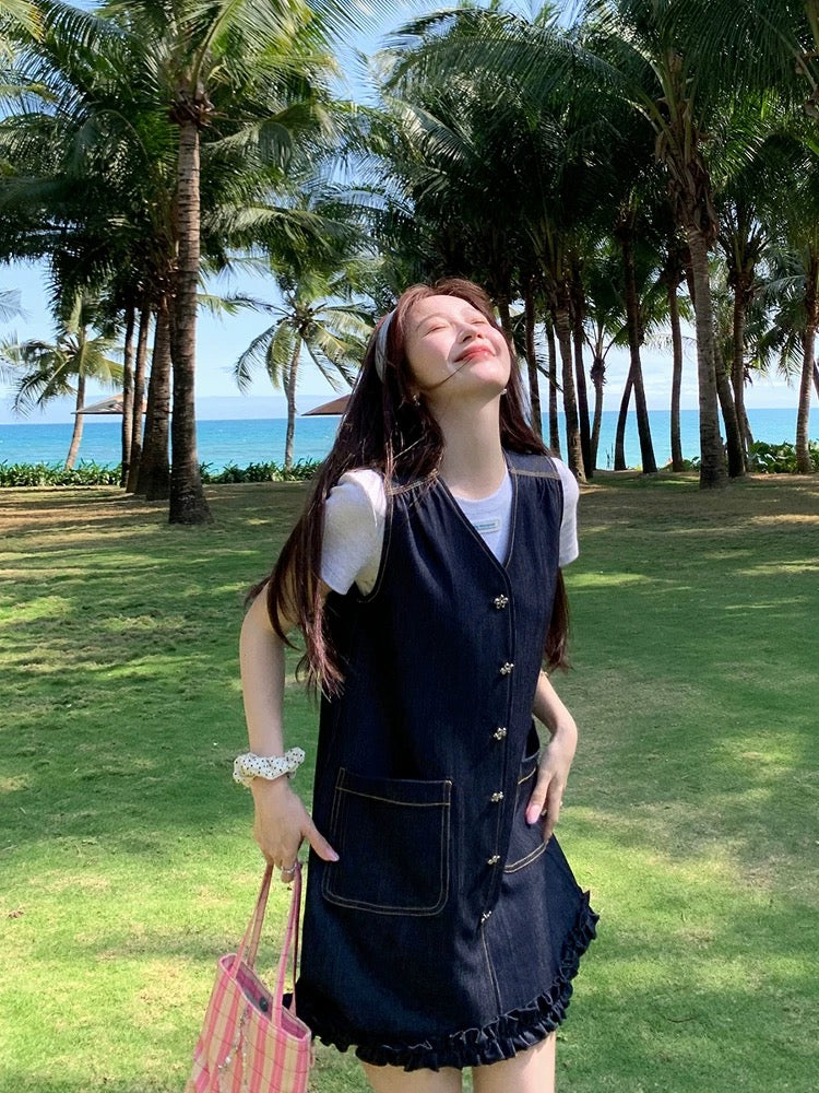 Yang Yang YANGRUOYU [Summer Travel] Imitation denim vest skirt female V-neck high-end thin retro dress
