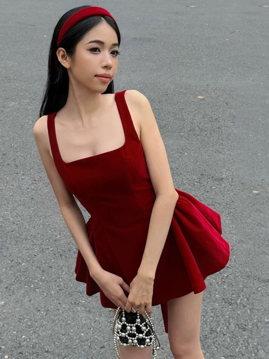 Amyway retro New Year's daughter style suspender dress waisted niche hot girl backless bow A-line skirt