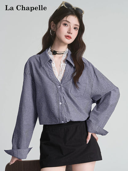 La Chapelle temperament lady lapel lace patchwork shirt 2025 new loose casual chic commuter top