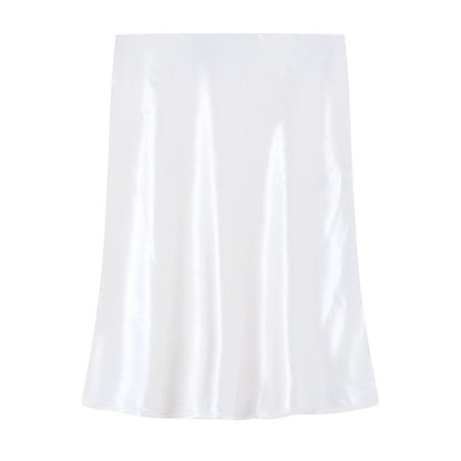 French-style apricot satin midi skirt for women, perfect for summer, sophisticated acetate midi skirt, versatile and slimming A-line skirt.