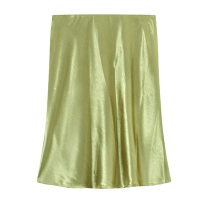 French-style apricot satin midi skirt for women, perfect for summer, sophisticated acetate midi skirt, versatile and slimming A-line skirt.
