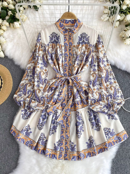 French dress for women 2024 new retro stand-up collar lantern sleeves waist slimming temperament printed ruffle skirt