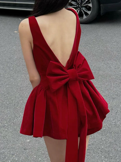 Amyway retro New Year's daughter style suspender dress waisted niche hot girl backless bow A-line skirt