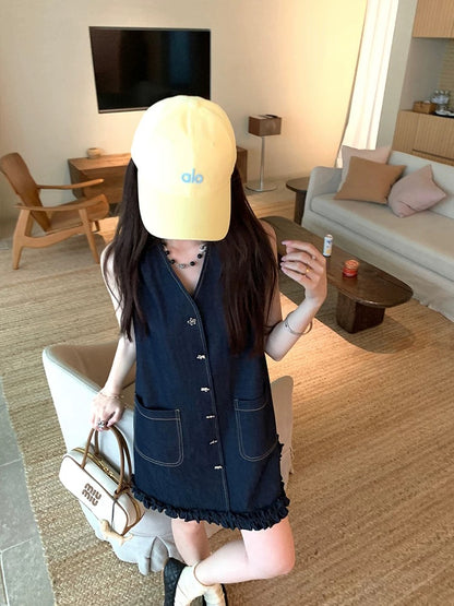 Yang Yang YANGRUOYU [Summer Travel] Imitation denim vest skirt female V-neck high-end thin retro dress
