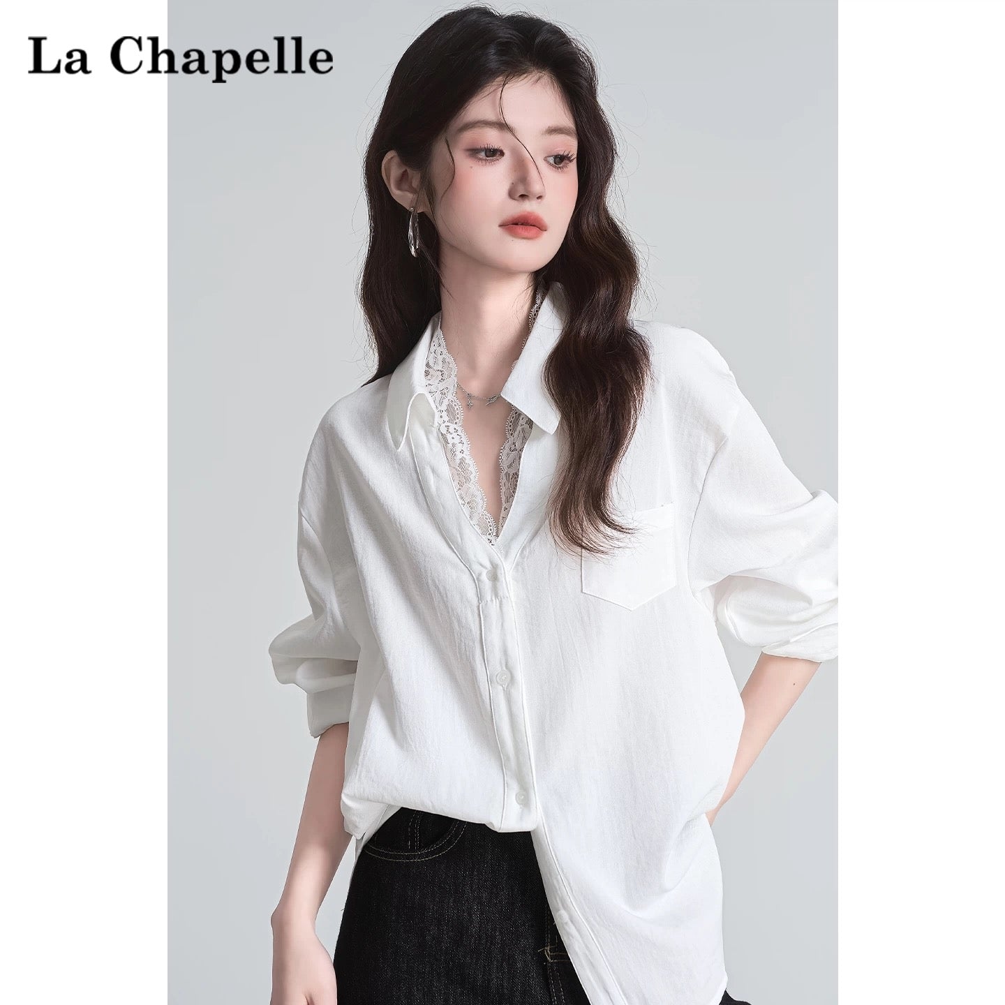 La Chapelle temperament lady lapel lace patchwork shirt 2025 new loose casual chic commuter top
