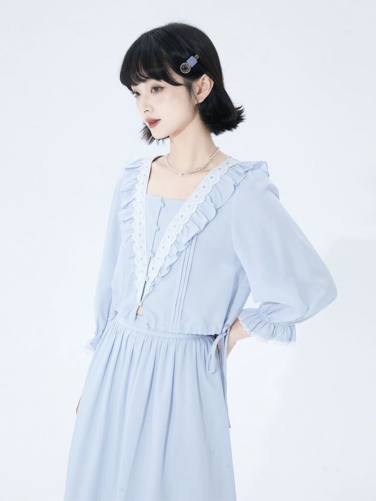 Shallot good tailoring square collar Tencel shirt women's spring and summer loose drawstring ruffled lantern long-sleeved shirt top