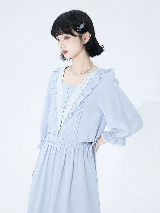 Shallot good tailoring square collar Tencel shirt women's spring and summer loose drawstring ruffled lantern long-sleeved shirt top