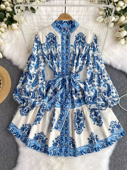 French dress for women 2024 new retro stand-up collar lantern sleeves waist slimming temperament printed ruffle skirt