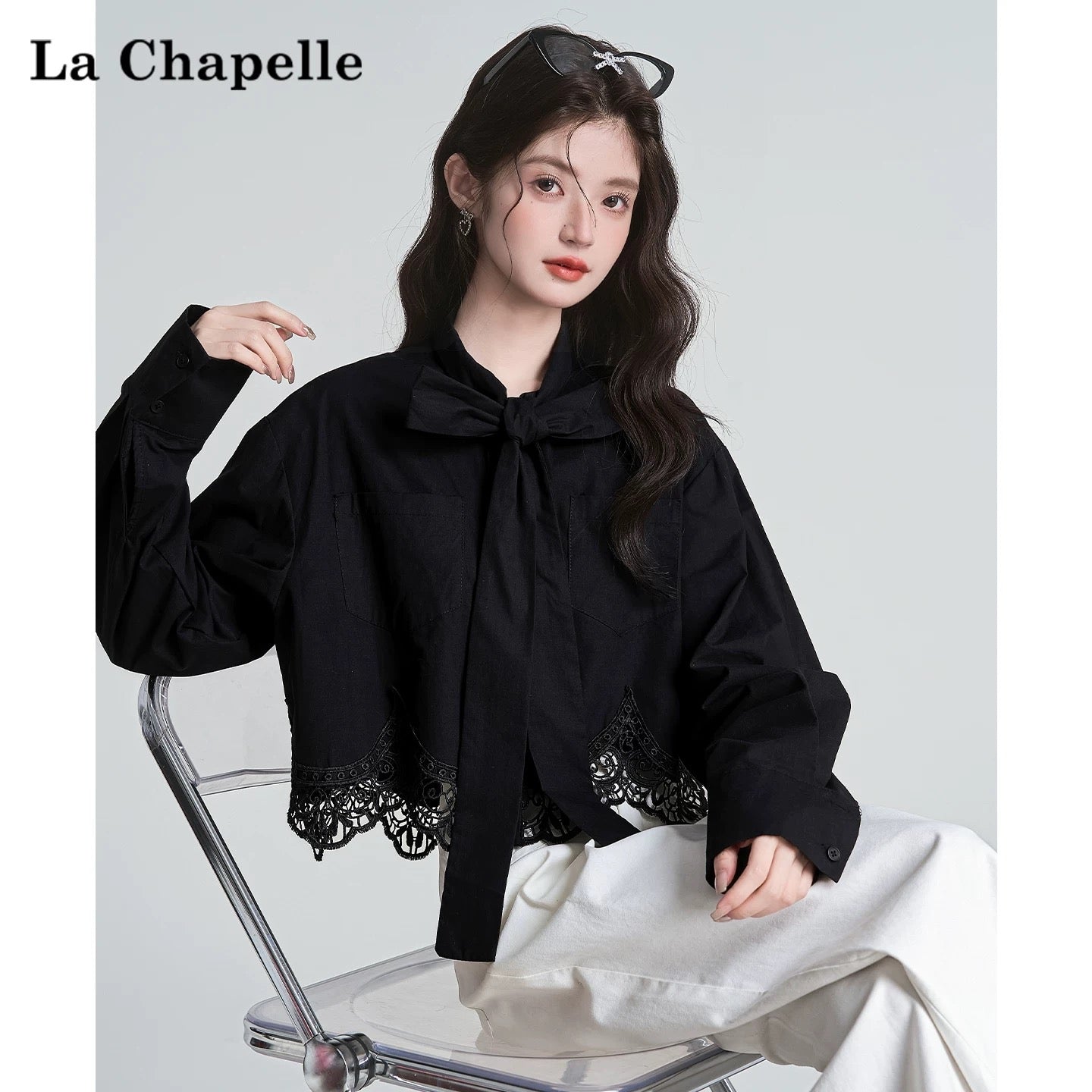 La Chapelle lace stitching design black long-sleeved shirt women's autumn new lace shirt short top
