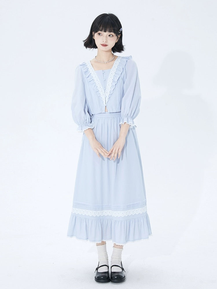 Shallot good tailoring square collar Tencel shirt women's spring and summer loose drawstring ruffled lantern long-sleeved shirt top