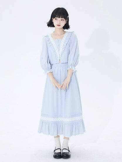 Shallot good tailoring square collar Tencel shirt women's spring and summer loose drawstring ruffled lantern long-sleeved shirt top