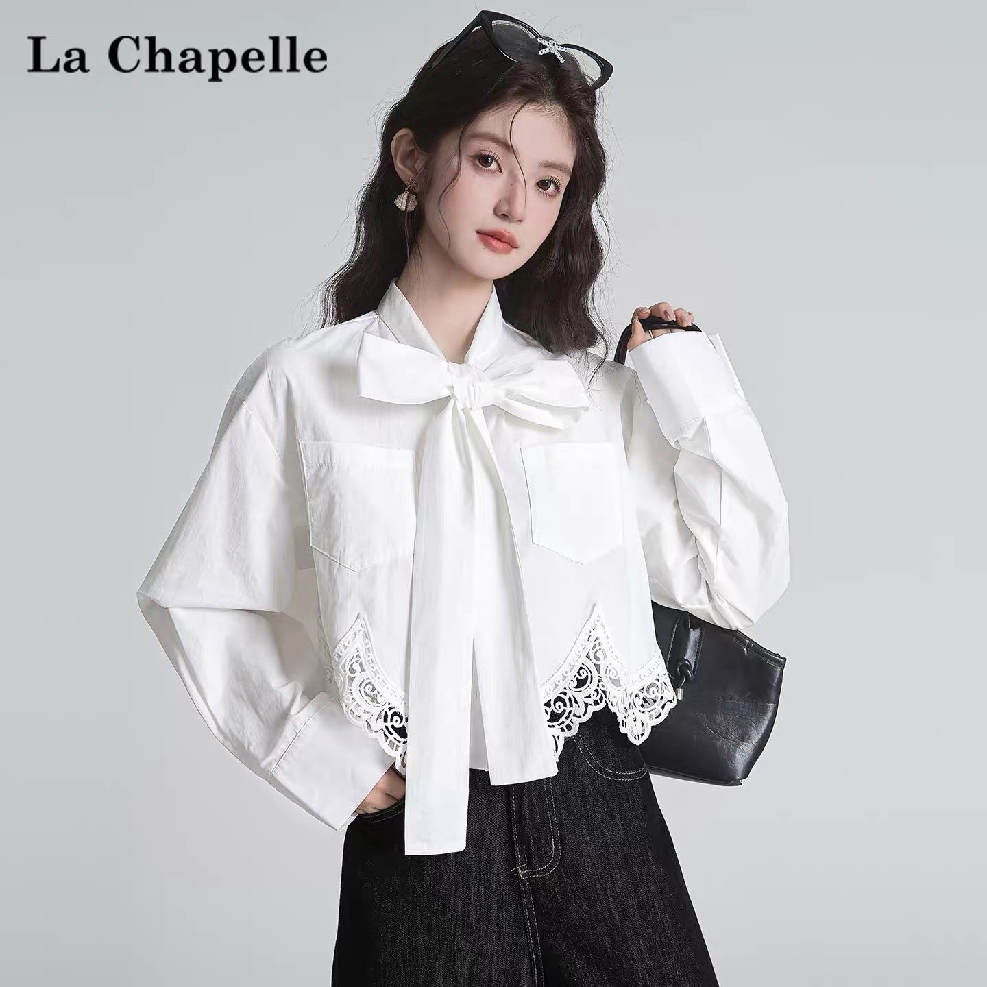 La Chapelle lace stitching design black long-sleeved shirt women's autumn new lace shirt short top