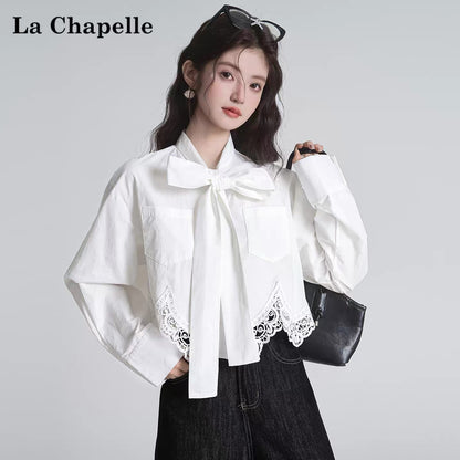 La Chapelle lace stitching design black long-sleeved shirt women's autumn new lace shirt short top