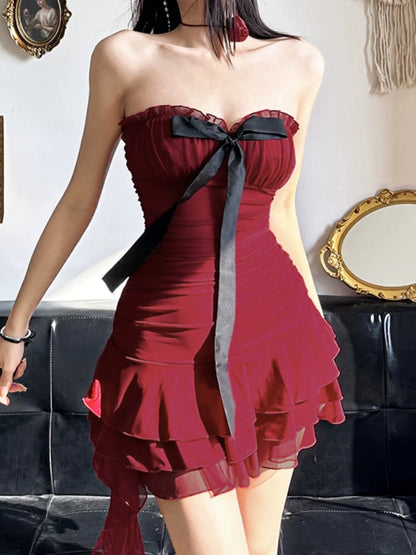 Amyway Devil Gift Bow Mesh Strappy Tube Skirt for Women Lace Spliced Tassel Hem Hip Cover Skirt