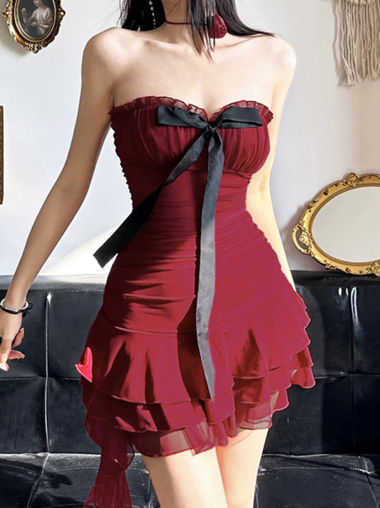 Amyway Devil Gift Bow Mesh Strappy Tube Skirt for Women Lace Spliced Tassel Hem Hip Cover Skirt